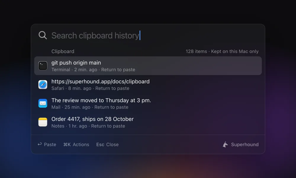 The Superhound search panel: Clipboard history