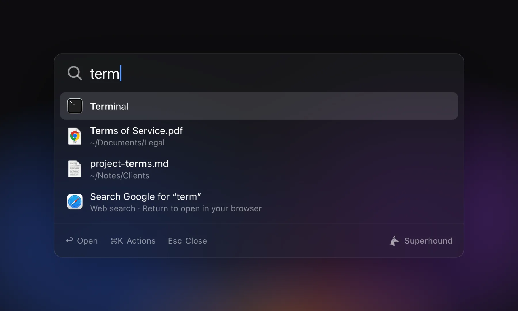 The Superhound search panel: Apps and files