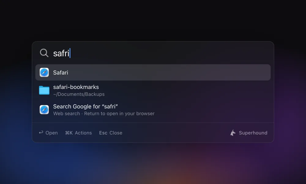 The Superhound search panel: Apps and files